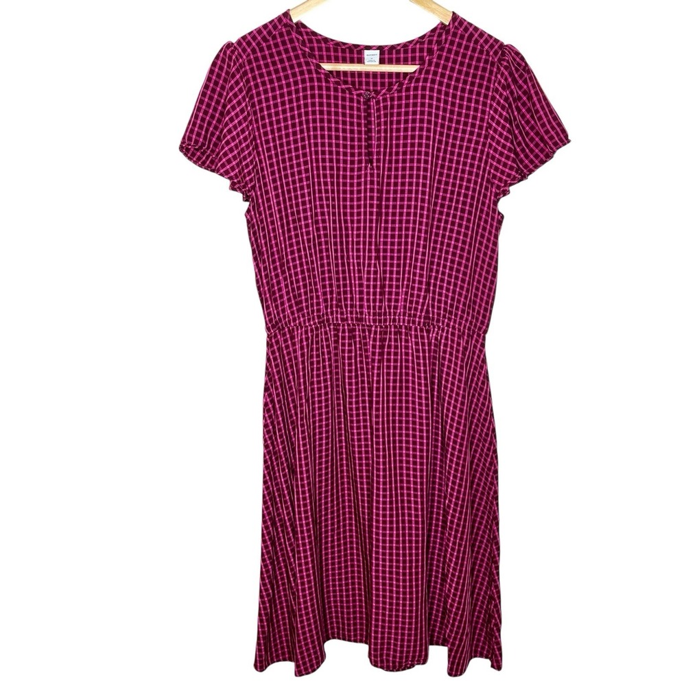 Old Navy Windowpane Plaid Short Sleeve Dress Burgundy Pink Womens M Preppy